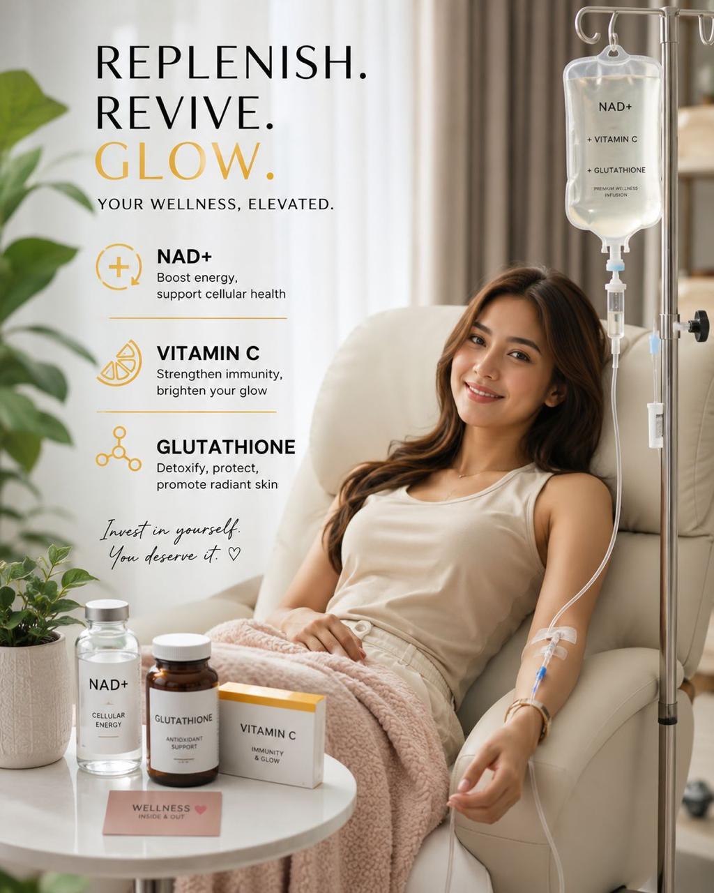 Client receiving wellness-focused IV therapy in a calm home setting